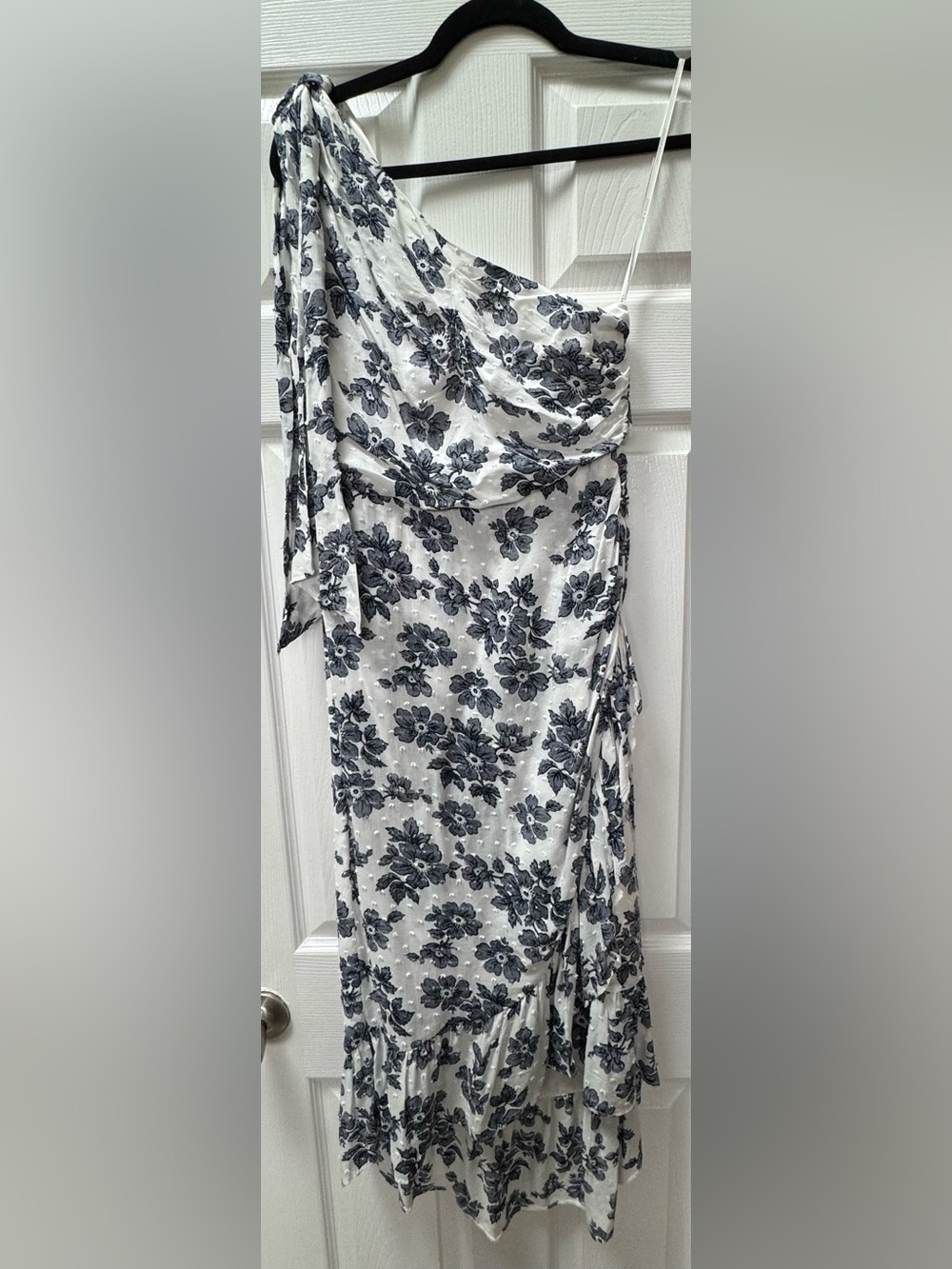 Dance & Marvel One-Shoulder Floral Midi Dress in Blue and White